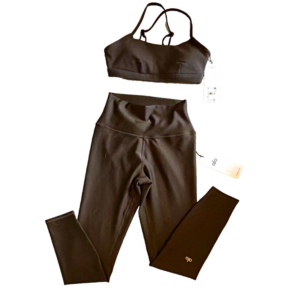 ALO YOGA 2 Piece Airlift High Waist 7/8 Legging Intrigue Bra SET Espresso M NWT